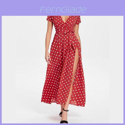 Robe trapèze à manches courtes et col en V pour femme avec imprimé pois élégant et détail fente