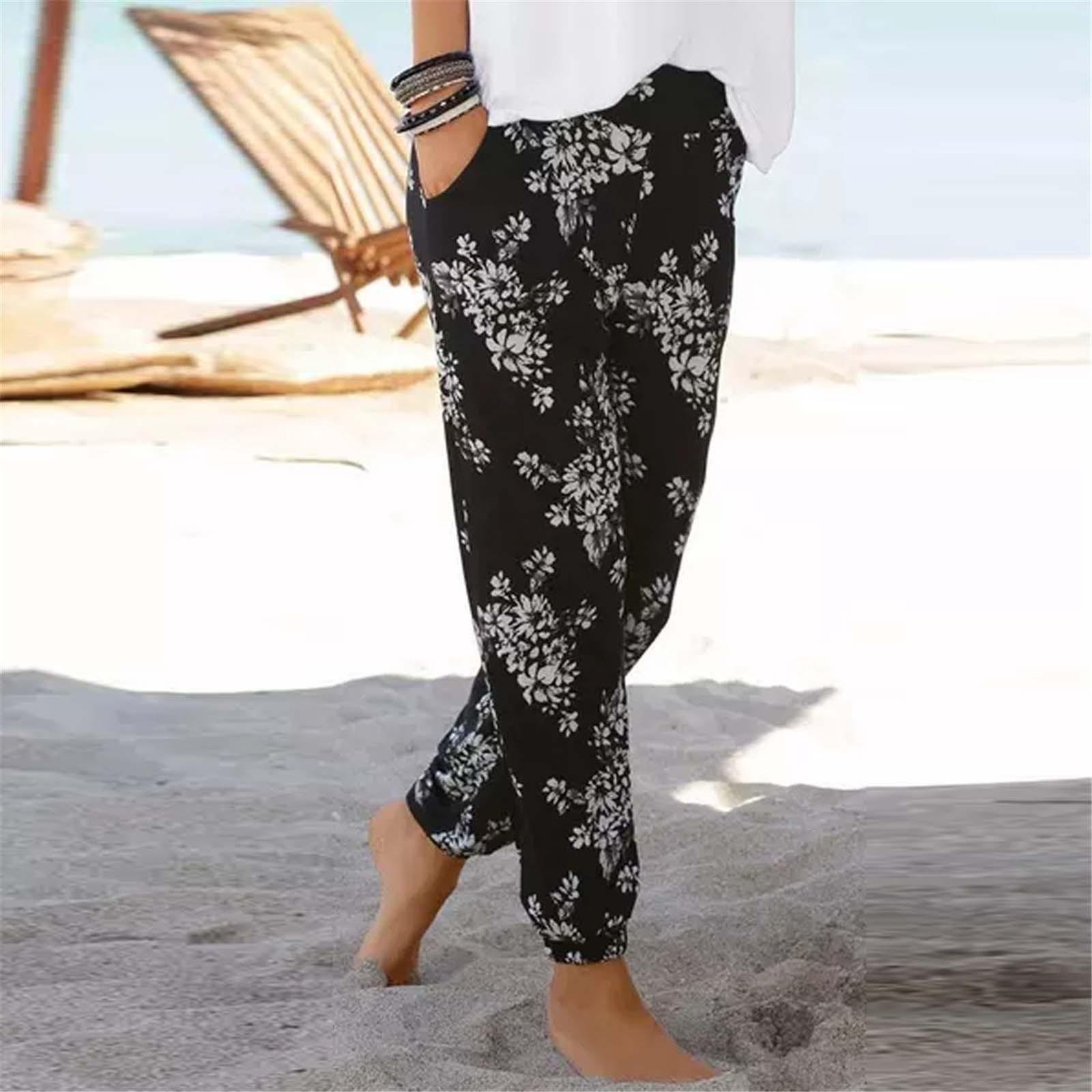 

Pants For Women Casual Summer Beach Printed Elasticity Loose Pants M
