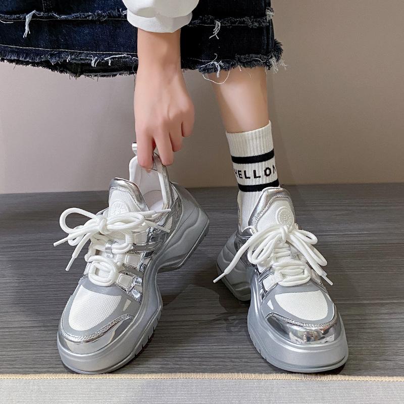 Schleife unten Silber Dad Schuhe Damen Neu Europäische Ware Verdickte Sohle Hufeisenabsatz Mesh Atmungsaktiv Sport Damenschuhe