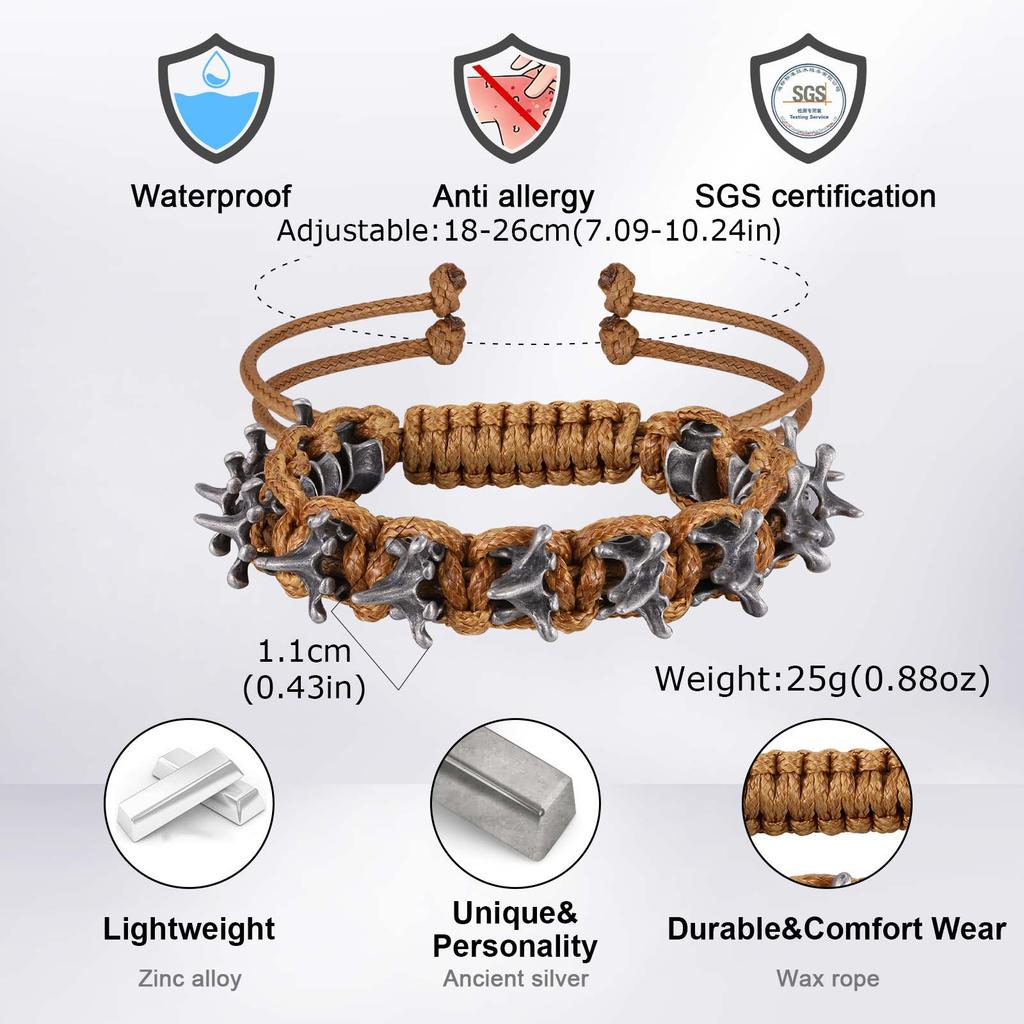 Vnox Men's Adjustable Bracelets, Vintage Gray Alloy Dragon Spine Woven Black Brown Rope Bracelet Rock Punk Metal Jewelry Gifts