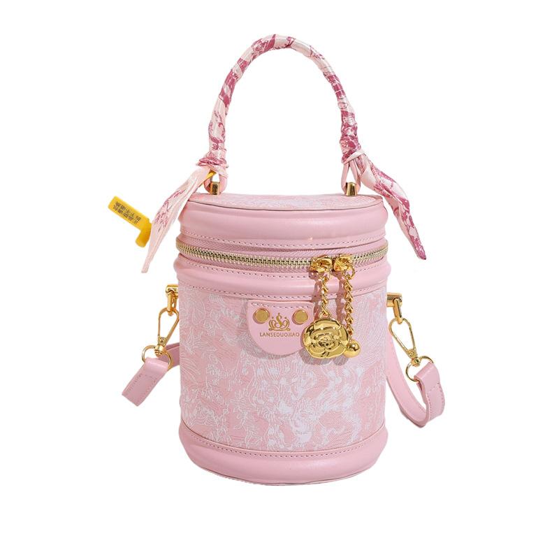 

New silk scarf printed bucket bag simple and versatile handbag bag women s shoulder messenger bag розовый