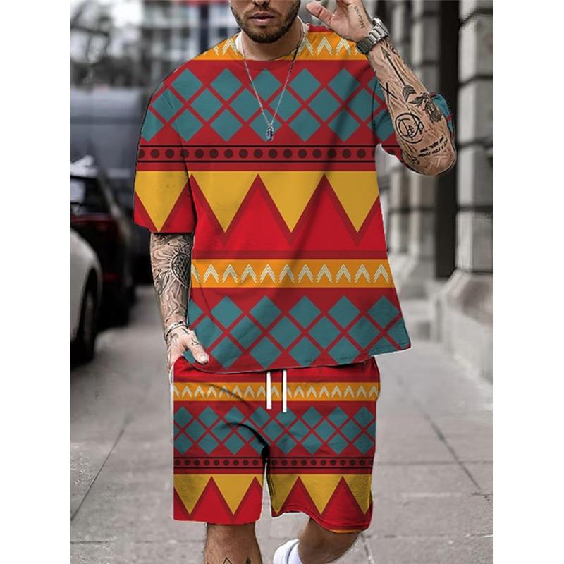 2025 New Summer Men's Short Sleeve Shorts Set Street Everyday Casual Men's T-Shirt Outdoor Fashion Loose Shorts Bohemian Print
