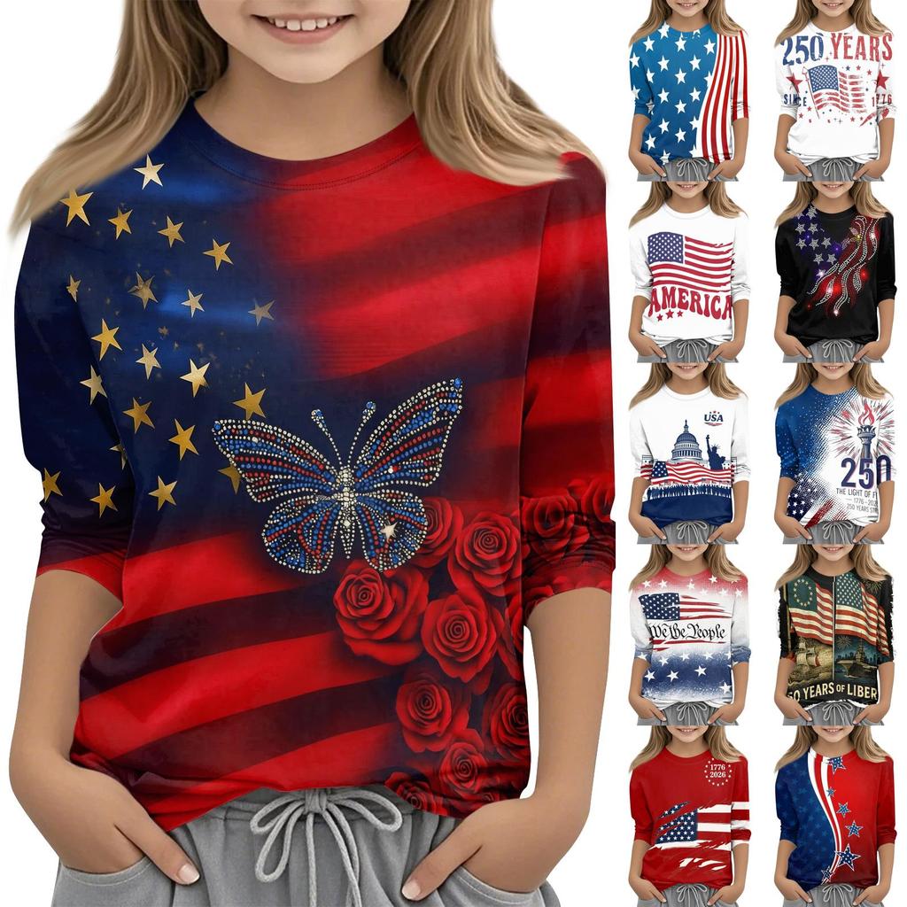 Children's Independence Day Printed Round Neck Seven Quarter Sleeve Casual T-shirt