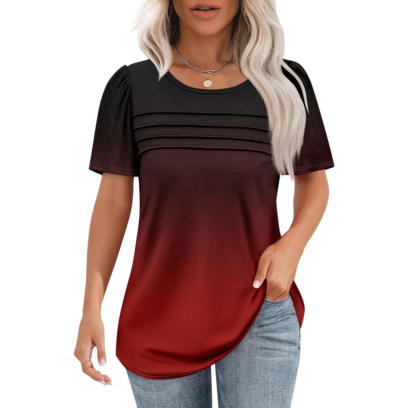 

Женская футболка с коротким рукавом, элегантная повседневная рубашка, весенне-летний наряд, струящиеся плиссированные топы с круглым вырезом спереди, летние топы XL винный