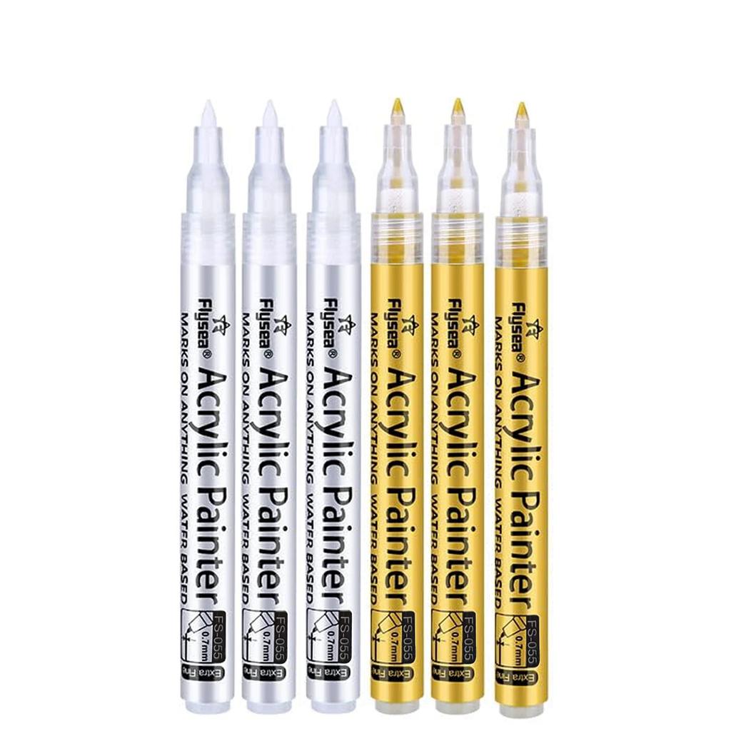 6Pcs/set 4 Colors (Black/White/Gold/Silver) Acrylic Paint Markers pen,0.7mm Extra Fine for Ceramic, Metal, Paper, Drawing, DIY
