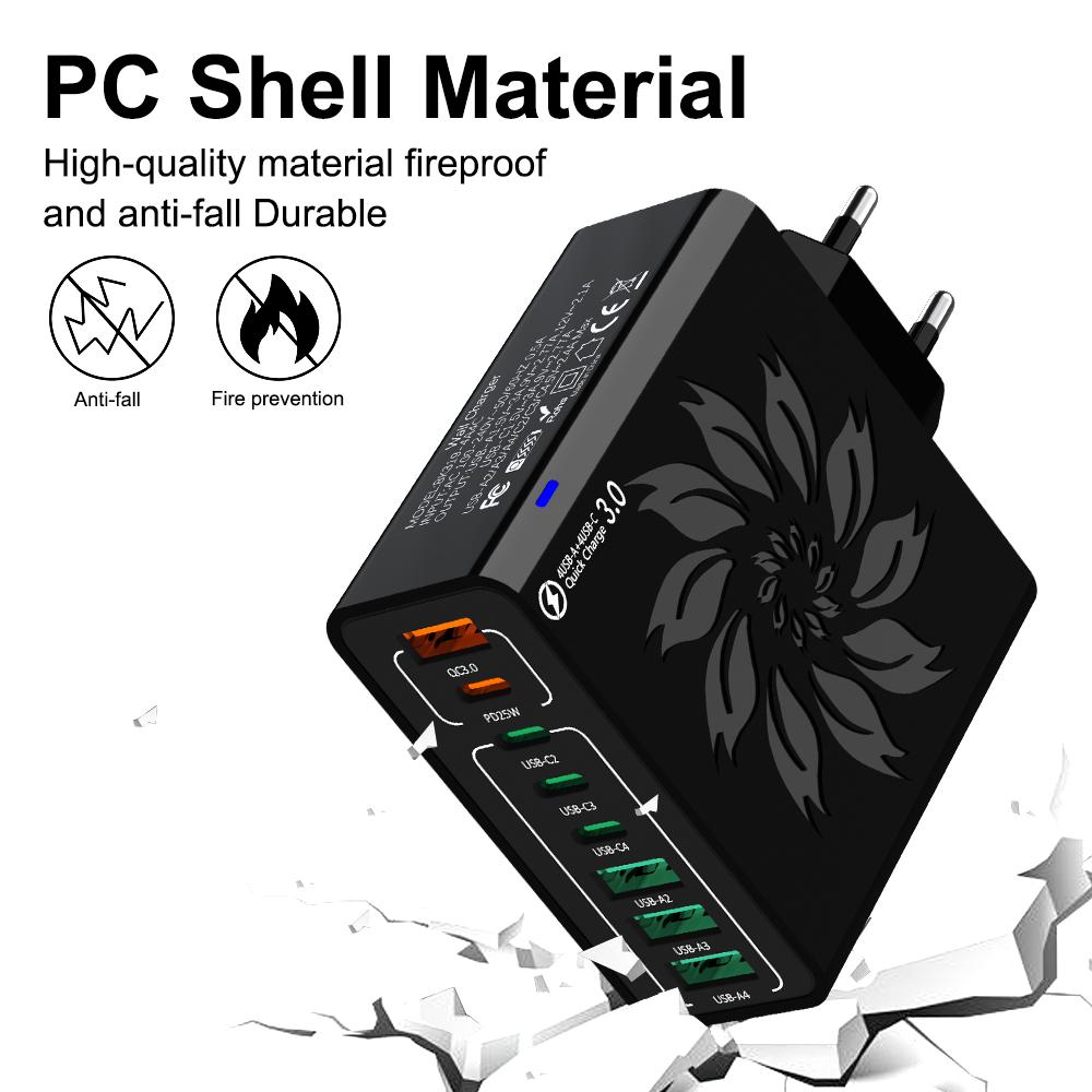 65W USB Charger PD Type C Fast Charging Phone Charger Adapter for IPhone Samsung Xiaomi 8 Ports EU/US/KR Plug Quick Wall Charger