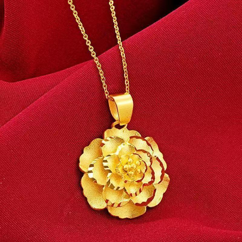 New Fashionable Gold Water Wave Chain Necklace with Peony Flower Pendant for Women
