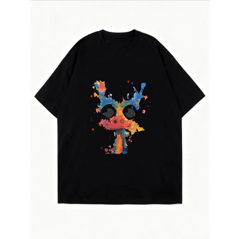 Bílé nadměrné tričko s barevným potiskem draka pro běžné nošení