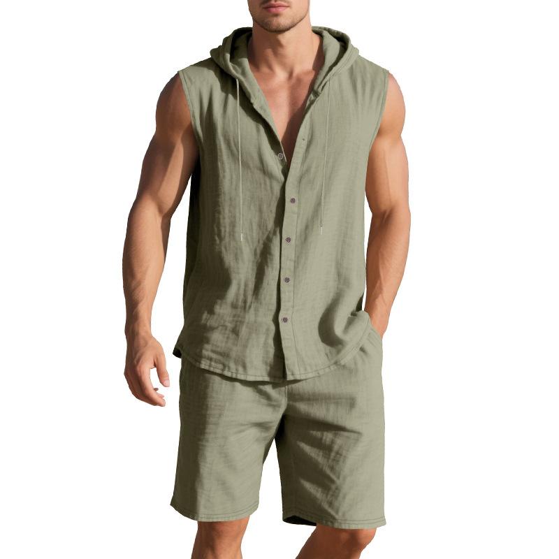 

Summer Men s Summer Loose Casual Simple Hooded Sleeveless Shirt Shorts Two-piece Set 3XL зелений