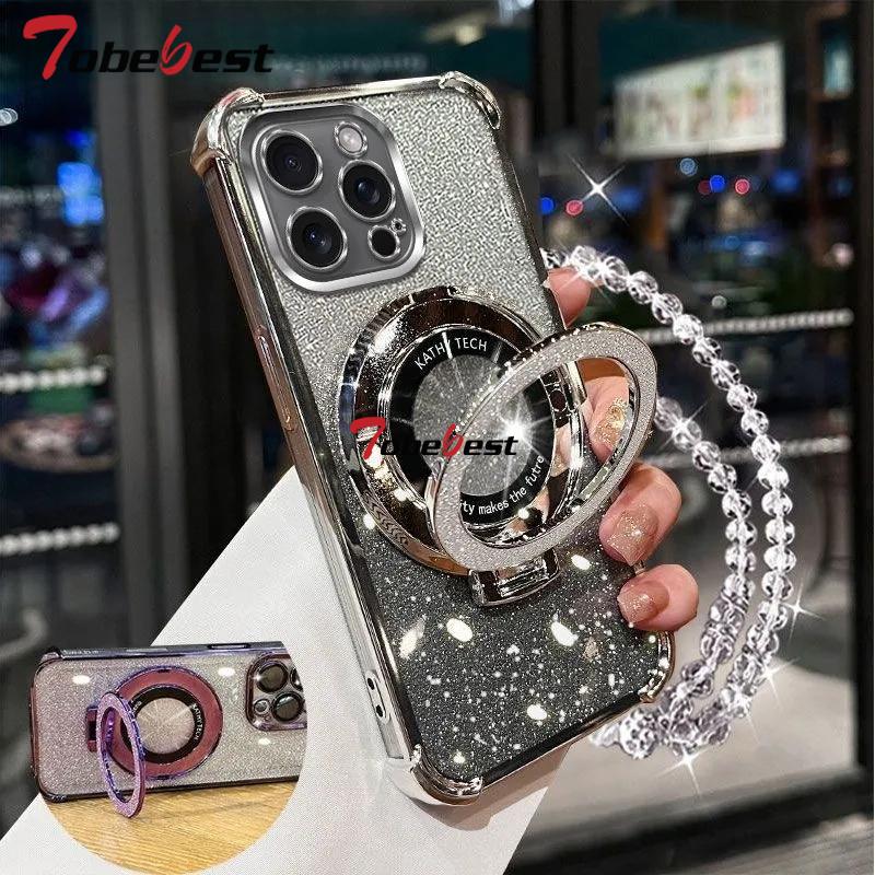 Shockproof Glitter Plating Crystal Bracelet Magsafe Phone Holder Case For iphone 16 15 14 13 12 11 Pro XS Max XR 8 7 Plus Cover