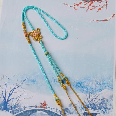 Handwoven Eight-Strand Peach Blossom Bow Necklace with Gold Amulet Pendant