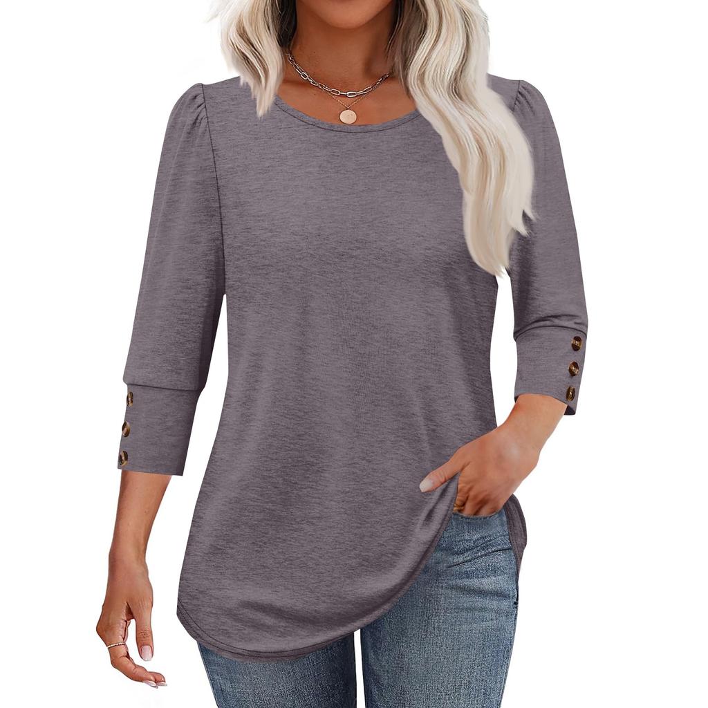 Women's Fashion Casual Solid Color Round Neck Seven-quarter Sleeve T-shirt Top