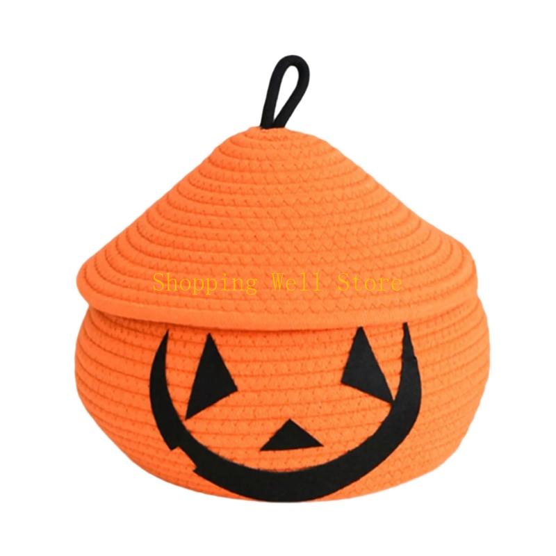 KX4B Festival Woven Cotton Storage Bin Lid Fall Decoration Pumpkin Design Organiser