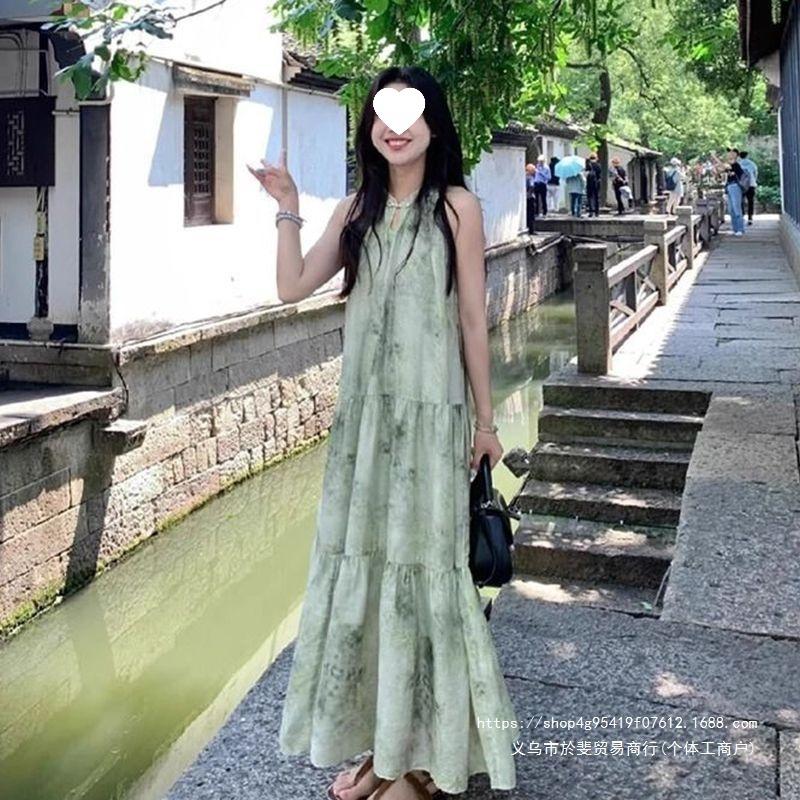 Gentle wear button mint green dress summer national style new holiday floral sleeveless long dress skirt