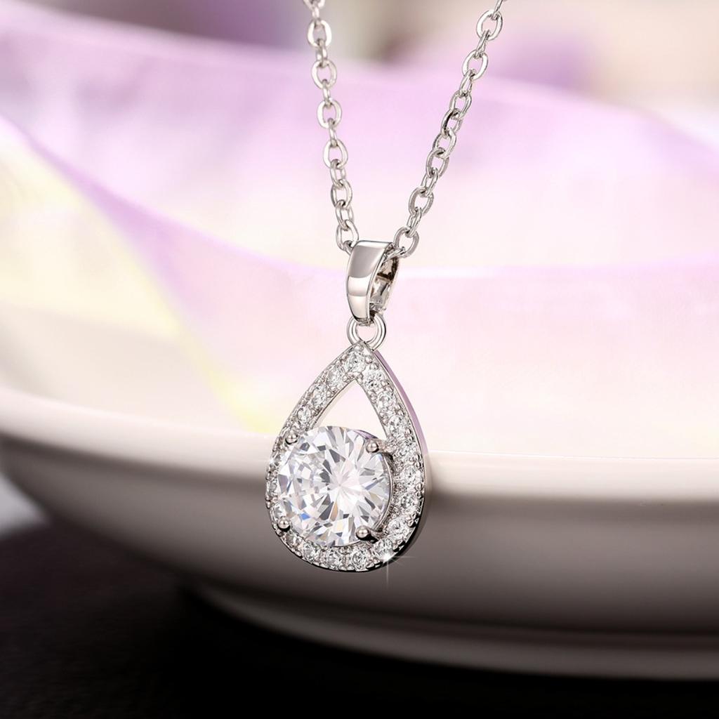Teardrop Halo Pendant Necklace Brilliant Round Center Stone Elegant Sparkling Jewelry for Women