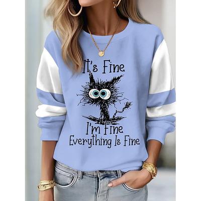 Winter I'm Fine Everything Is Fine Letters Hoodies Round Neck Women Striped Print Sweatshirt Casual Loose Pullover