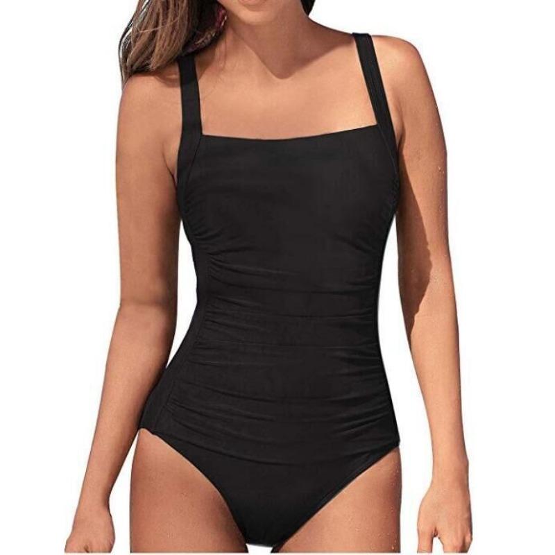 Costume da bagno intero da donna tinta unita con ruches laterali, controllo pancia, modello conservativo, spalline sottili