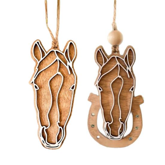 Wooden Hanging Horse Head Decoration Farmhouse Rustic Horse Horseshoe Christmas Tree Hanging Ornament Pendant