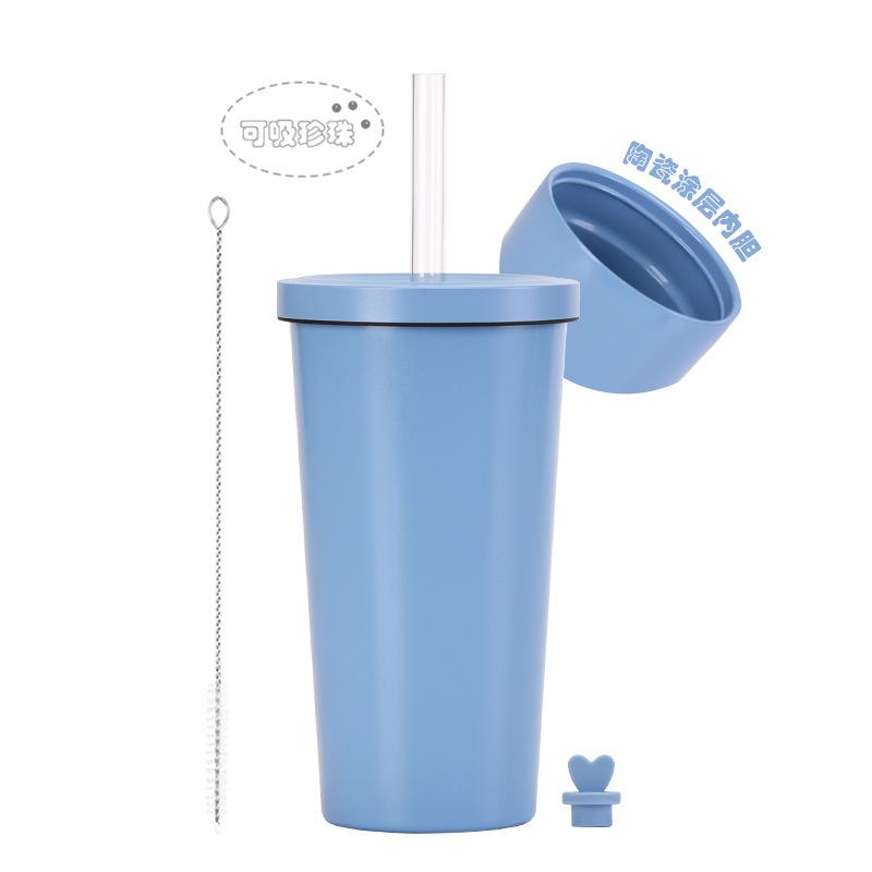 

2025500 мл Кружка-соломинка из нержавеющей стали Внутреннее покрытие из керамики Вакуумная двухслойная кружка-соломинка для бабл-ти 500ml