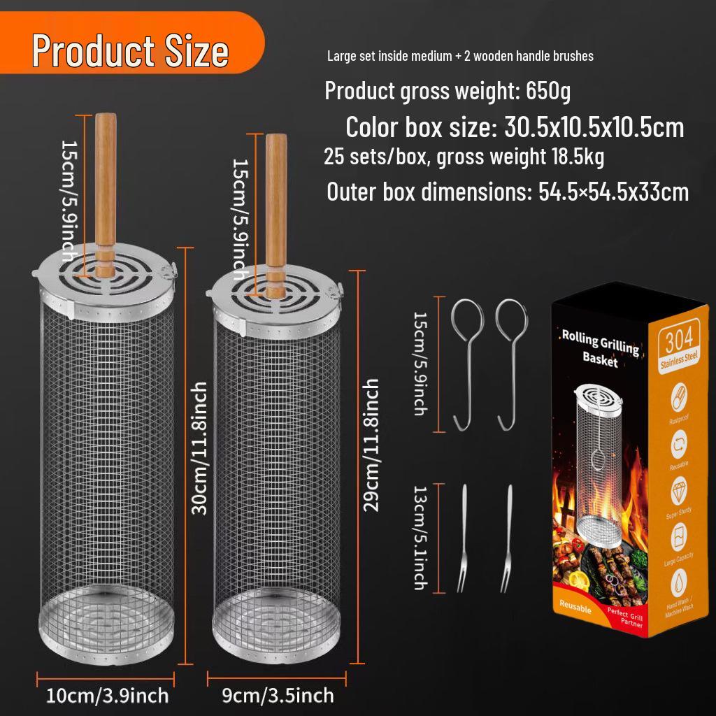 Outdoor BBQ Rolling Grill Basket, 304 Stainless Steel Barbecue Cylinder Net Cage.