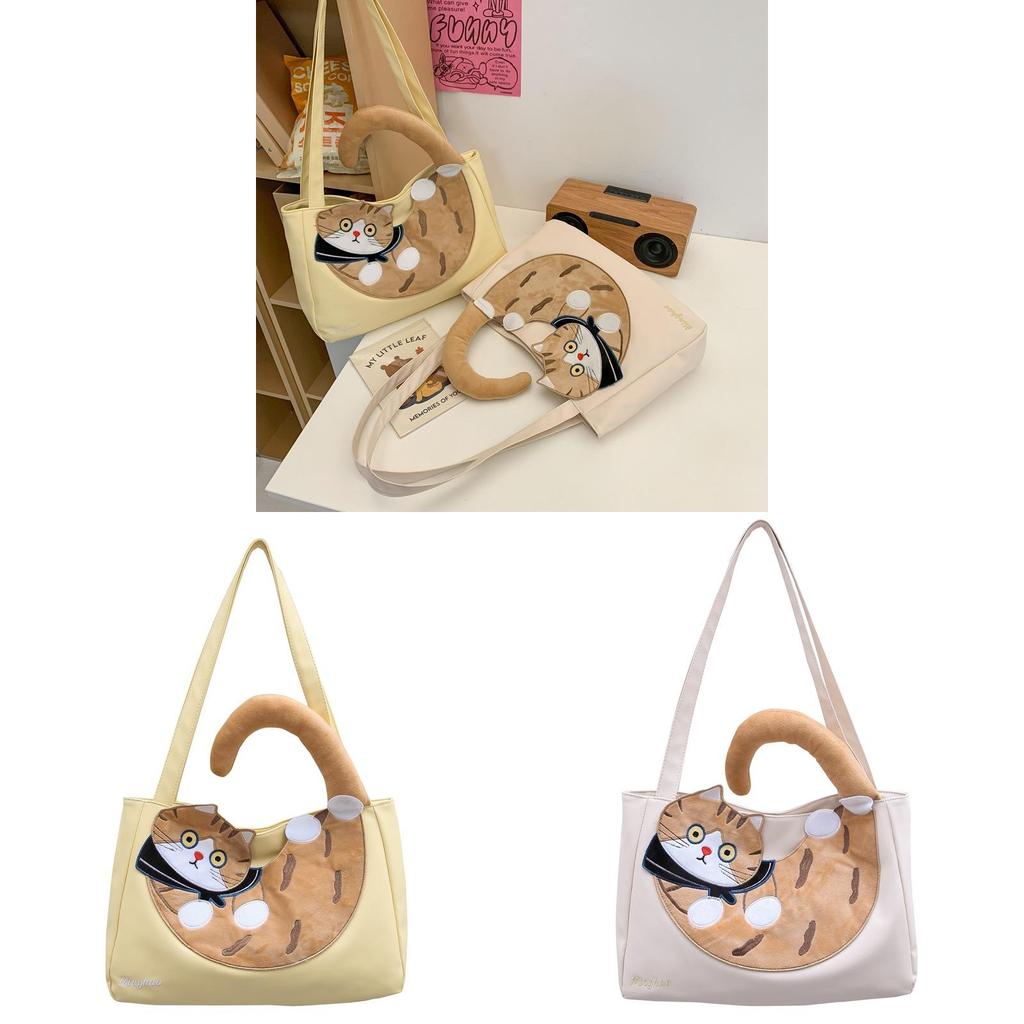 Canvas Cat Tote Bag With Contrast Color Design For Casual Girls Daily Use