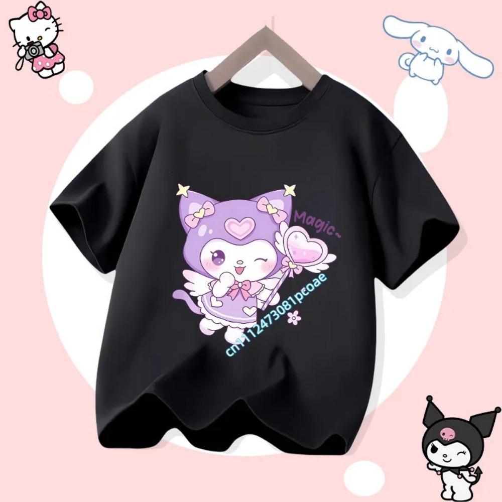 2026 Summer New Soft Cute Kuromi Cartoon Printed Children's T-shirt Loose Casual Round Neck Parent-child Outfit Short Sleeved