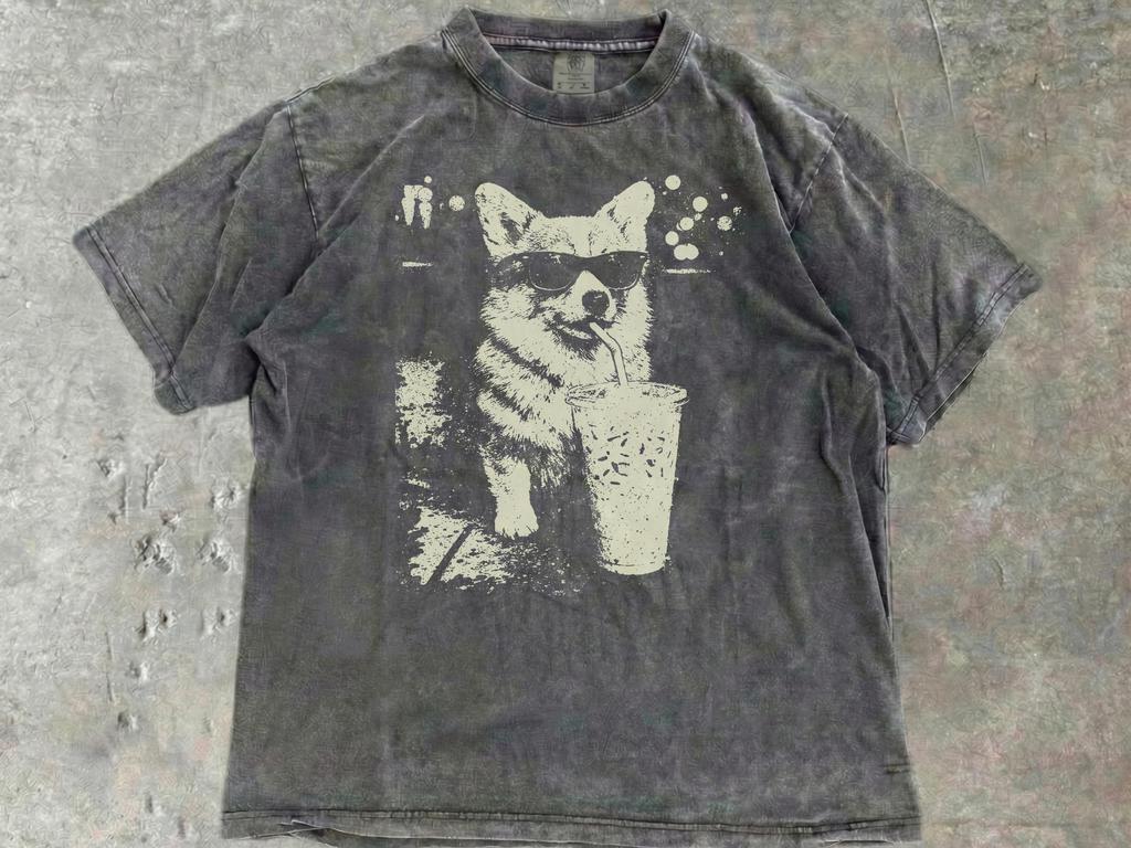 Corgi Comfort Colors T-shirt: Vintage Corgi Iced Coffee Hond Mama Papa Cadeau T-shirt voor Corgi Bezitters en Liefhebbers - Grappig Welsh Corgi Hond Koffie Cadeau
