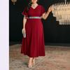 Plus Size Women Striped V Neck Sequined Patchwork Elegant Midi A Line Dress