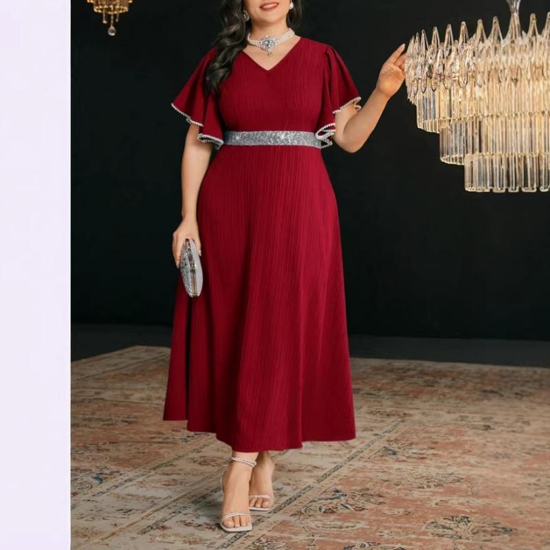 Plus Size Women Striped V Neck Sequined Patchwork Elegant Midi A Line Dress