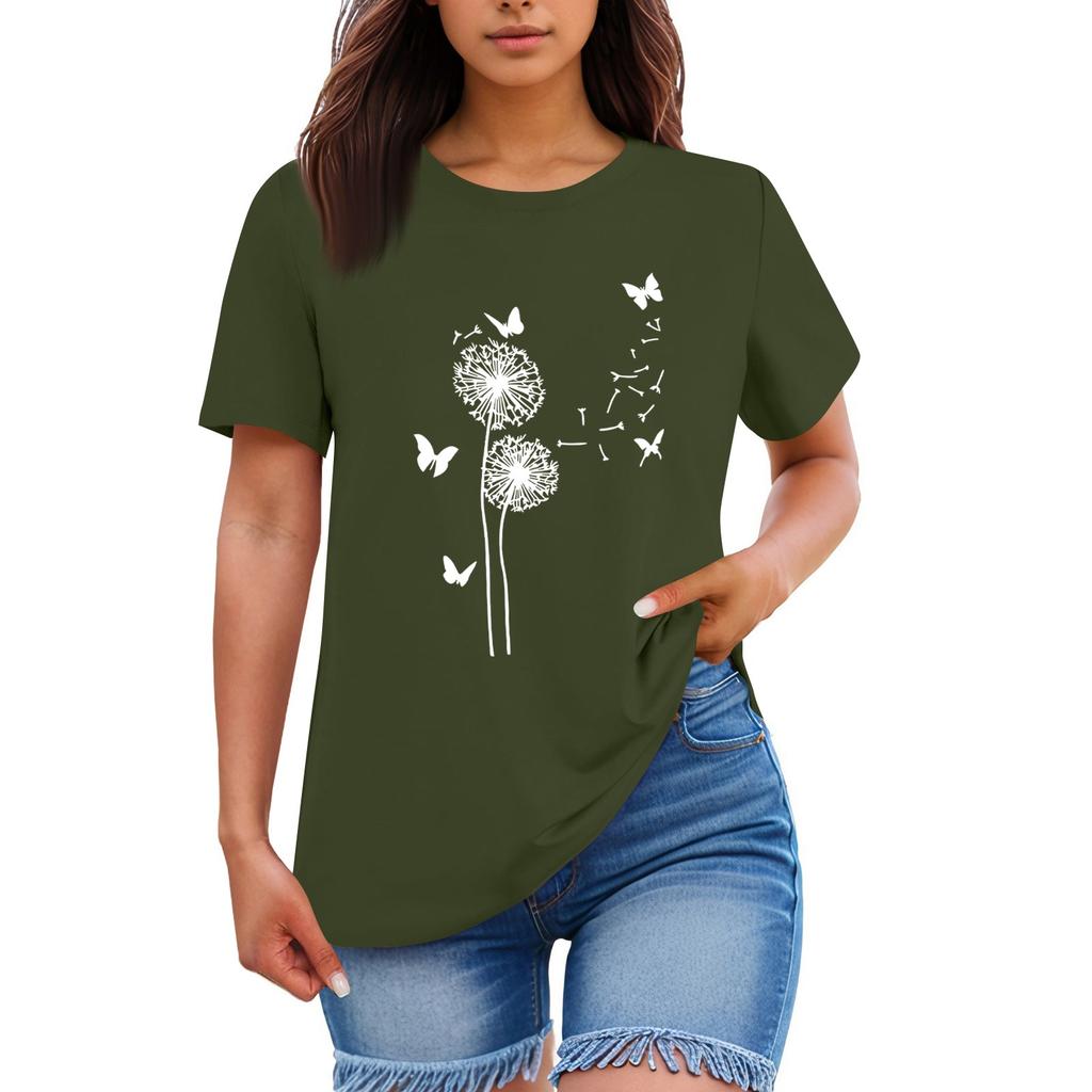 Ladies' Loose Comfortable Casual Fashionable Plant Flower Printed Round Neck Short Sleeved Shirt
