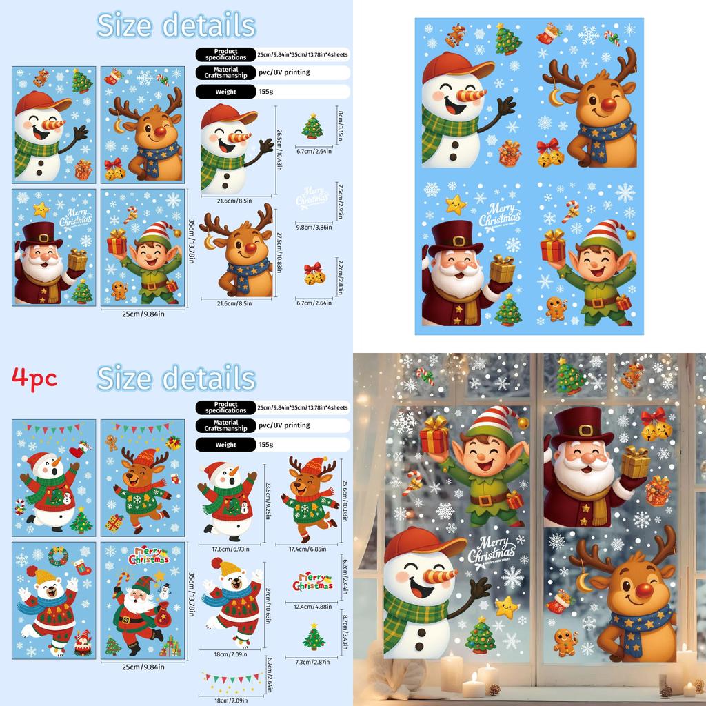 Weihnachts-Fensteraufkleber mit Weihnachtsmann, Schneemann, Rentier und Schneeflocke aus PVC für die Weihnachtsdekoration