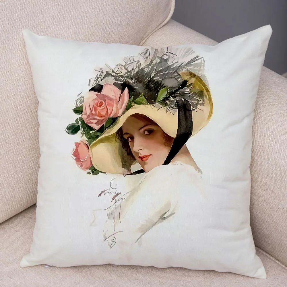 European Lady Cushion Cover Decor Vintage Style Elegant Women Print Pillowcase for Sofa Home Car Soft Plush Pillow Case 45x45cm