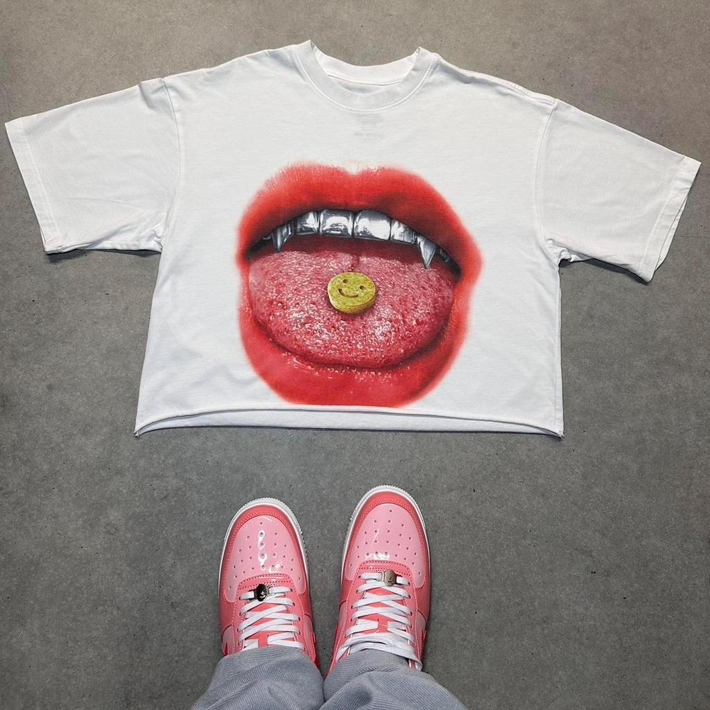 2025 T-shirt Labbra Grandi Streetwear Y2K Grafica Labbra T-shirt Uomo e Donna Maglietta Taglie Grandi Rock and Roll Moda Oversize Regali Bambini