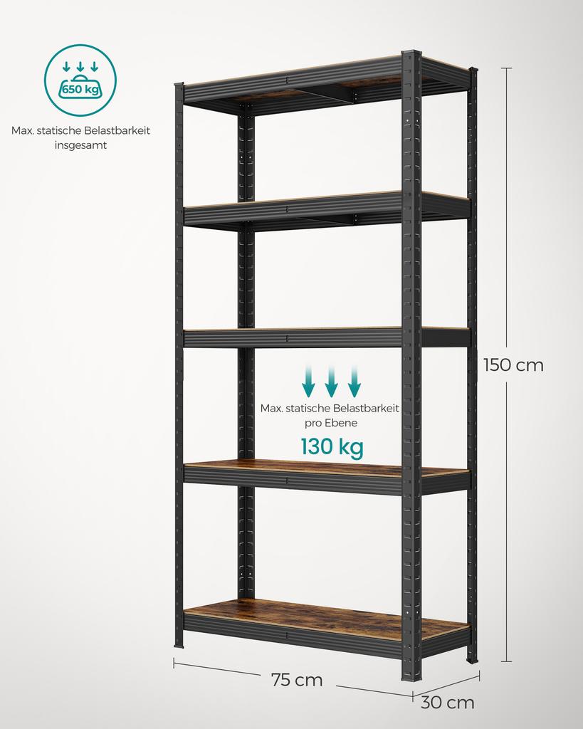 SONGMICS Shelving Unit, 30 X 75 X 150 Cm, 650 Kg Load Capacity (130 Kg Per Shelf), Industrial, Adjustable Storage Shelves, for Living Room, Kitchen