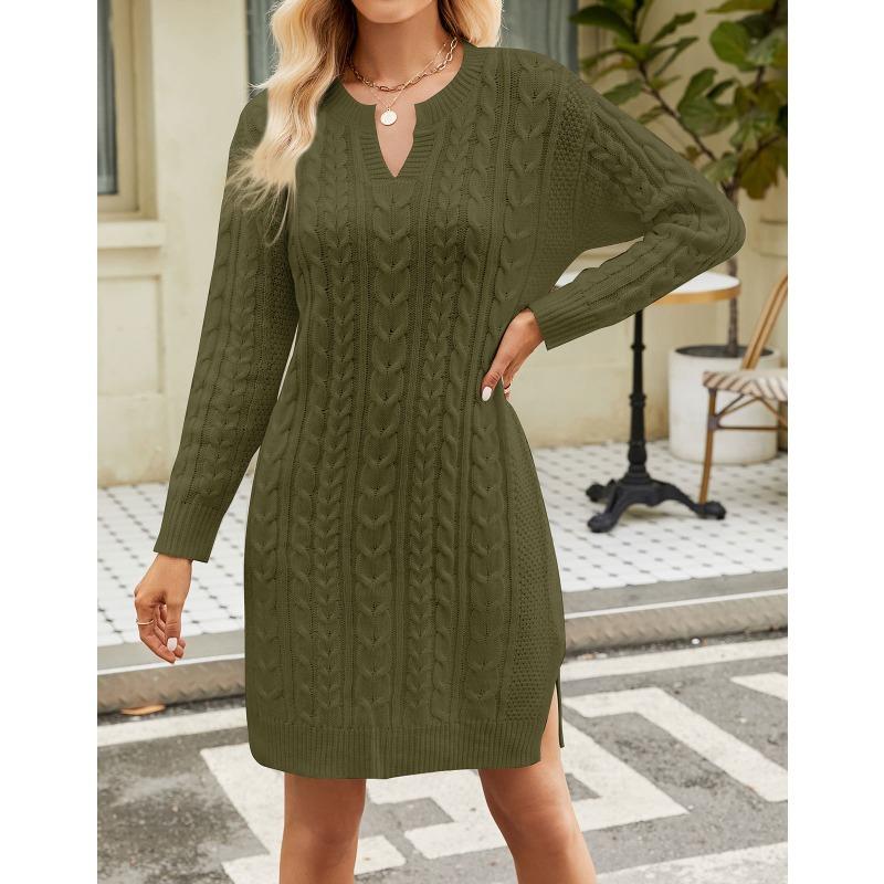 Women's Autumn/winter Twisted Flower Medium Length Solid Color Split Loose Pullover V-neck Sweater Dress