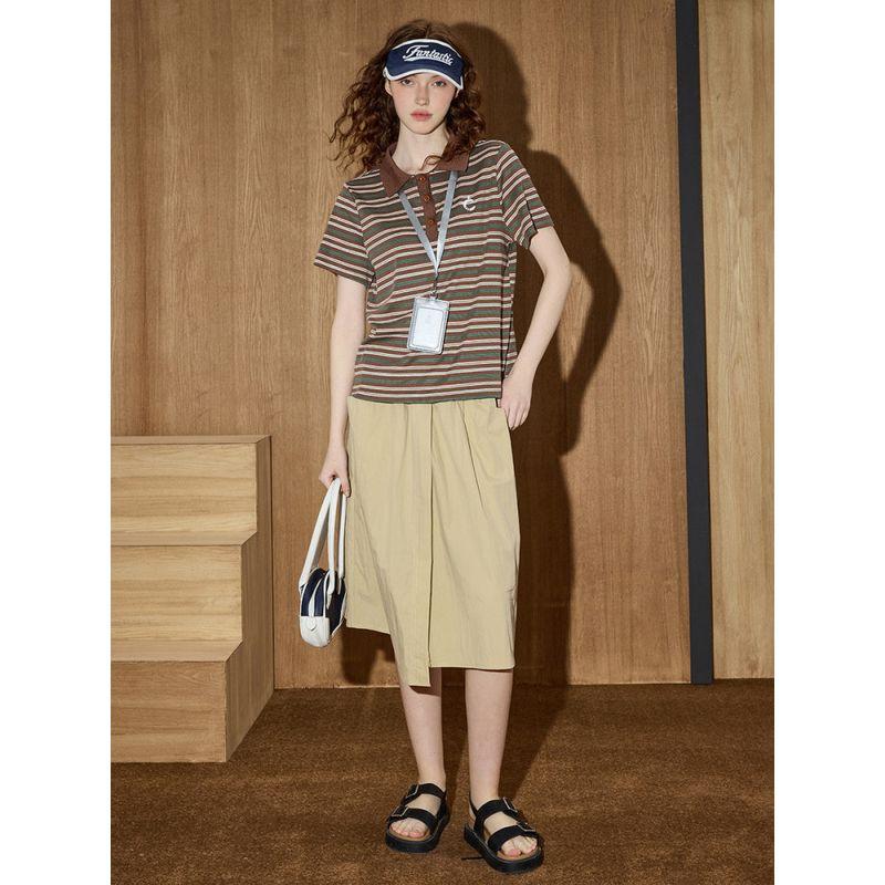 Coolhut American Retro Stripesd Preppy Style Casual Short-Sleeved T-Shirt for Women 2025 Summer New Style Polo Shirt Top