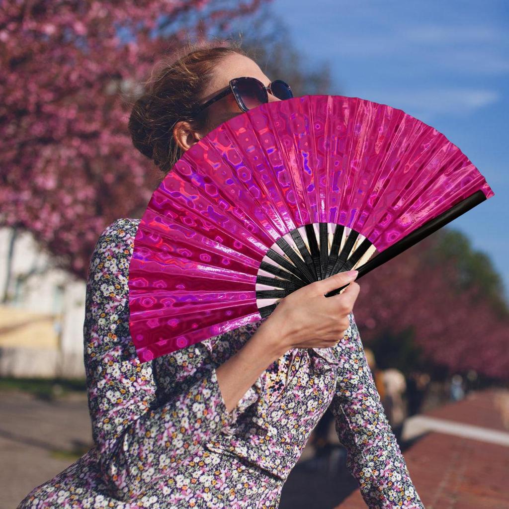Large Shimmering Colorful Folding Hand Fan for Line Dance Martial Art Taichi Handheld Fan with Reflective Design Gift