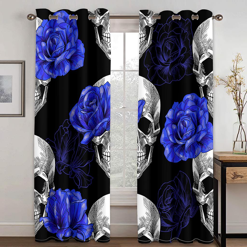 Death Skull and Flowers New series digital Print Drape Livingroom Space Bedchamber 90g polyester curtain fabric two panels