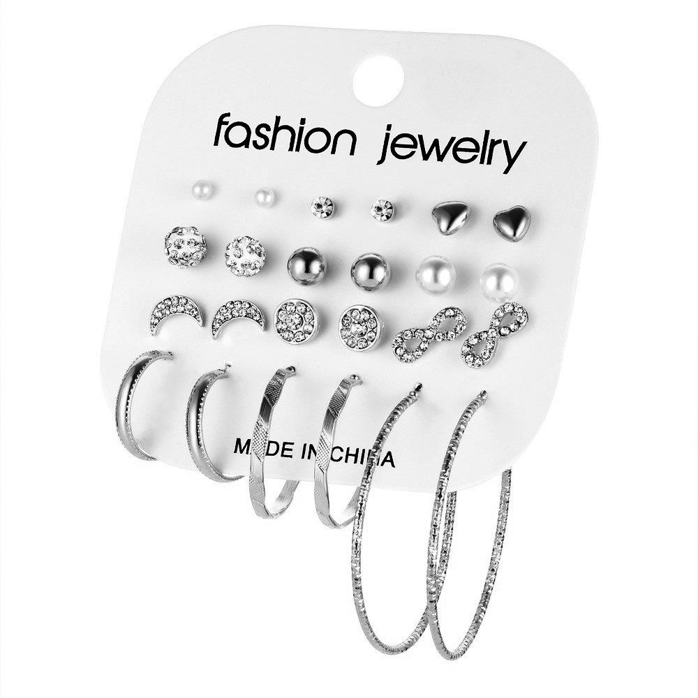 European  American Retro Rhinestone Hoop Earrings Set - Creative Exaggerated Design, 12-Piece Variety