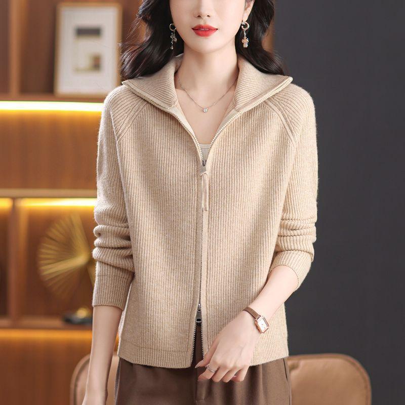 Flip Collar Knitted Cardigan Jacket For Women Double Zipper Outer Top Stylish Knitted Cardigan