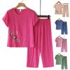 2 Stück/Set Mittleren Alters Mutter Lässiges Oberteil Cropped Hose Set Druck Blumenmuster Rundhalsausschnitt Kurze Ärmel Falten Elastische Taille Weiter Bein Tägliches Outfit