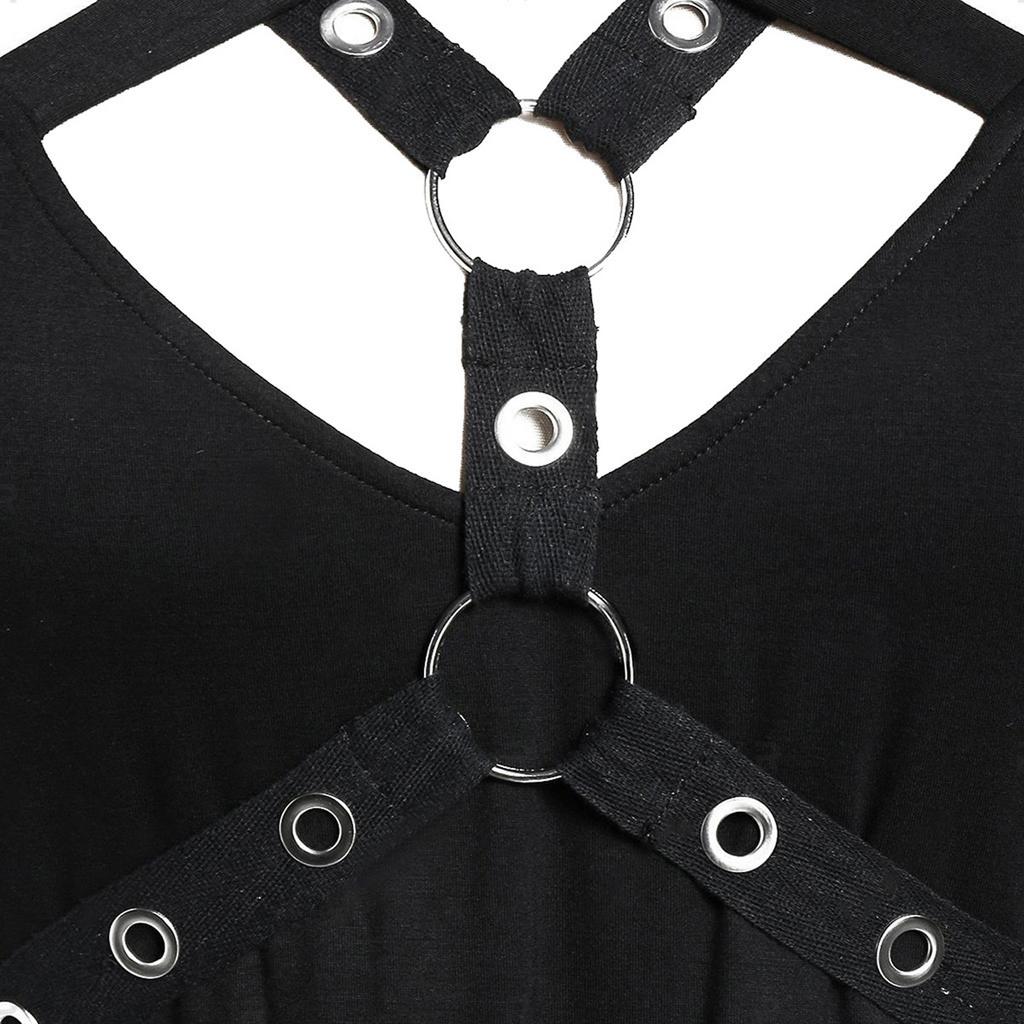 Women Fashion Solid Color Punk Plus Size Lace Spaghetti Strap Long Sleeve Gothic Dress