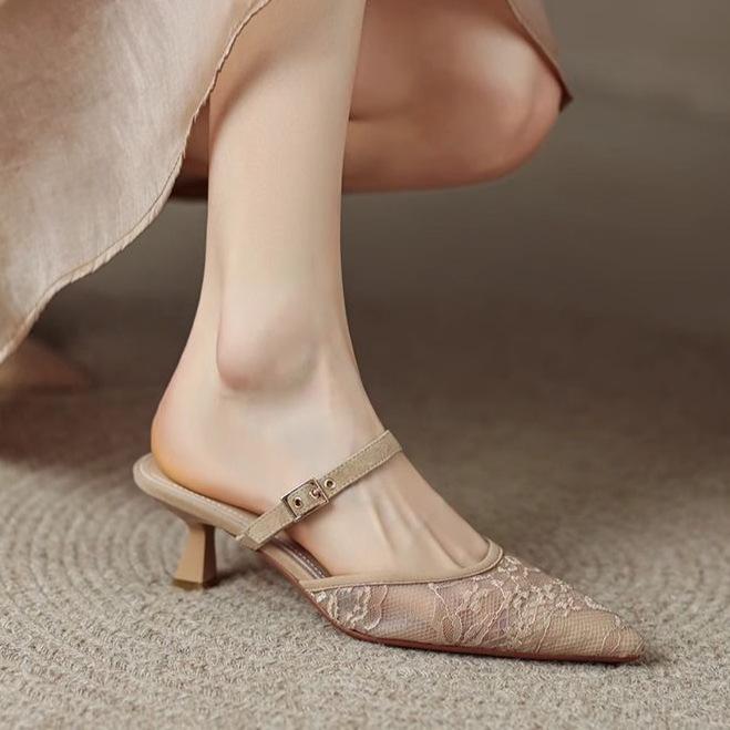 Mesh Sandals Women's 2025 Summer New Bag Head Half Slippers Women's Outer Wear Soft Sole One Word with High Heels Women's Shoes