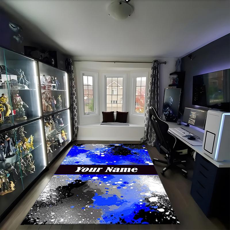 1PC Custom Name Blue Splash Artwork Theme Floor Mat Ideal for Living Room, Game Rooms, Office, Bedroom,Floor Mat Playful Design