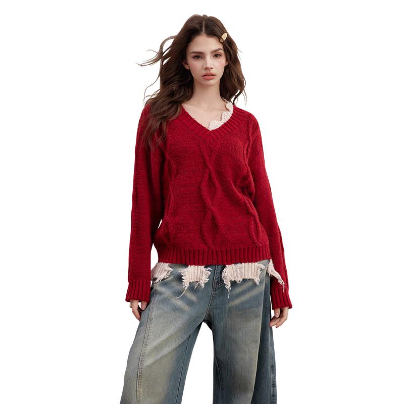 UNIFREE Women's Retro Sweet Color Block Tassel Pullover Sweater