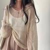 Spring Summer Long Sleeved Knitted Sunscreen Shirt See Through Retro Casual Simple Loose Hollow Out Thin Blouse V Neck Solid Color Top Clothing