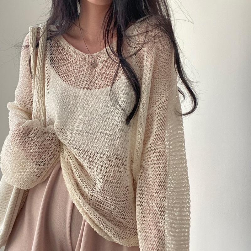 Spring Summer Long Sleeved Knitted Sunscreen Shirt See Through Retro Casual Simple Loose Hollow Out Thin Blouse V Neck Solid Color Top Clothing