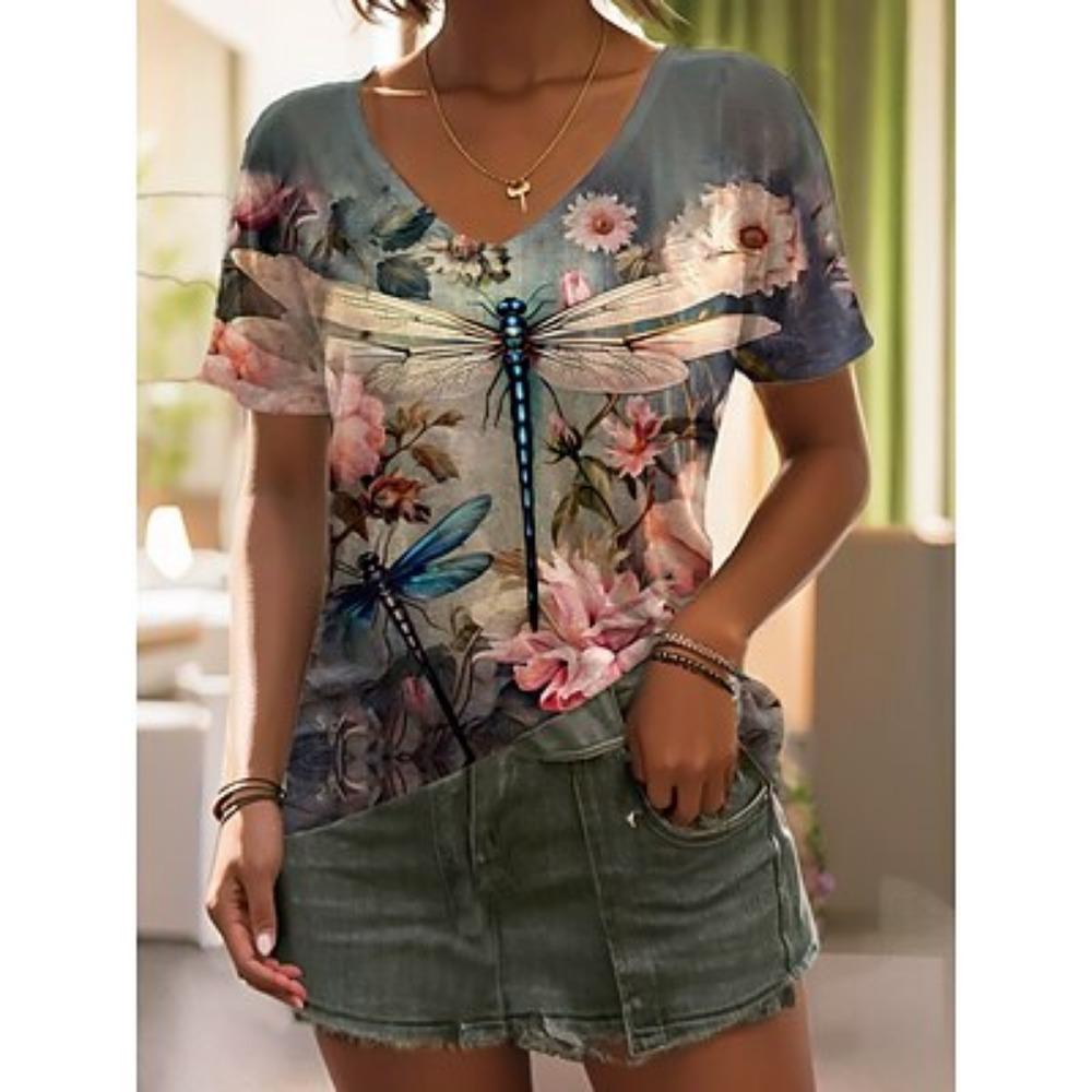 

Women s T shirt Tee Floral Print Holiday Weekend Fashion Short Sleeve V Neck Purple Summer 5XL