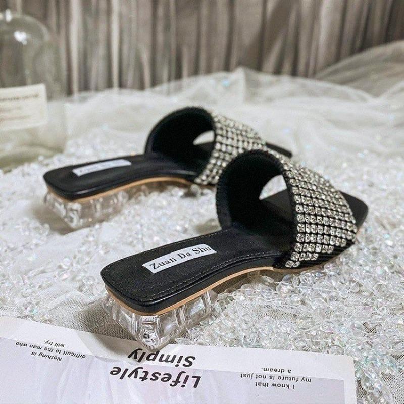 

Fashion Full Diamonds Slippers Woman Transparent Heels Sandals Plus Size 35-40 Ladies Casual Flipflops Femme Comfy Slides Crystal Shoes 40 чёрный