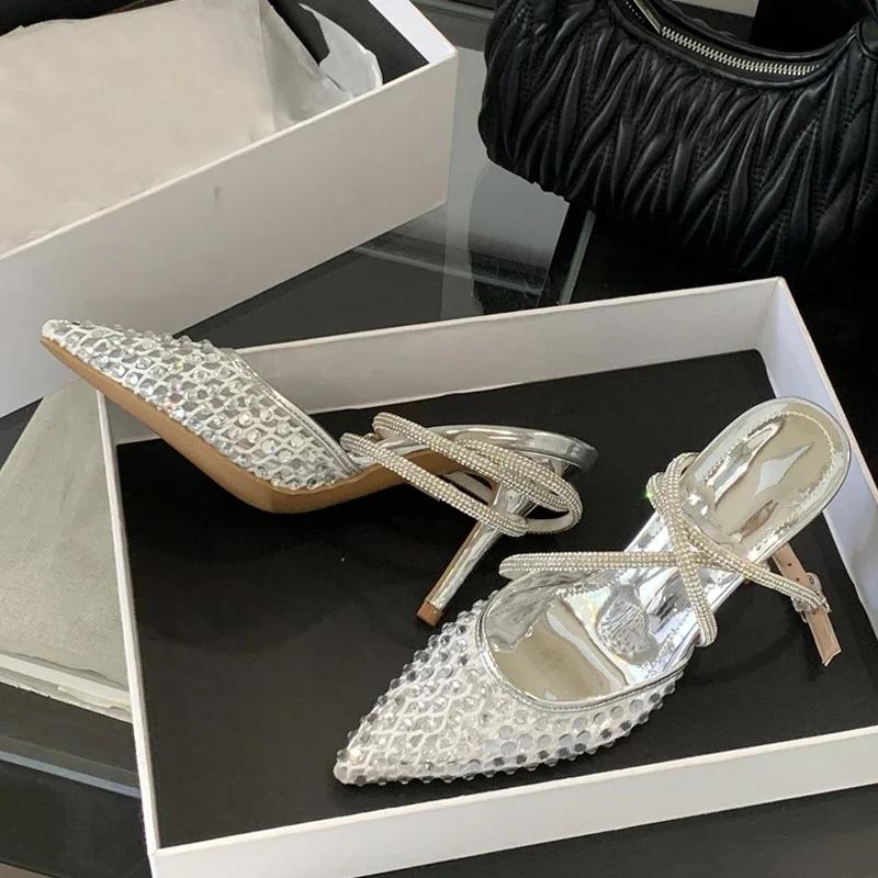 Fashion Elegant Bling Rhinestone Mesh Design Pumps Women Fashion Pointed Toe Ankle Strap Buckle Thin Heel Sandal Luxury Dress Brand Shoe